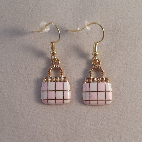 Kristy's Jewels Jewelry - Yellow Gold Handbag Purse Pink White Enamel Dangle Earrings Gorgeous Gift
